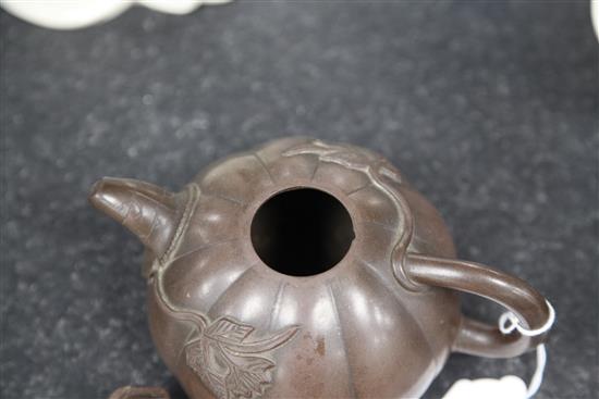 A Chinese Yixing melon-shaped teapot and cover, 19th / 20th century, length 18cm